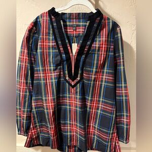 NEW WITH TAGS - JCrew Stewart Tartan Velvet V-neck Blouse Long Sleeve In Plaid
